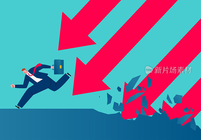 Businessman fleeing a group of falling arrows destroying the ground